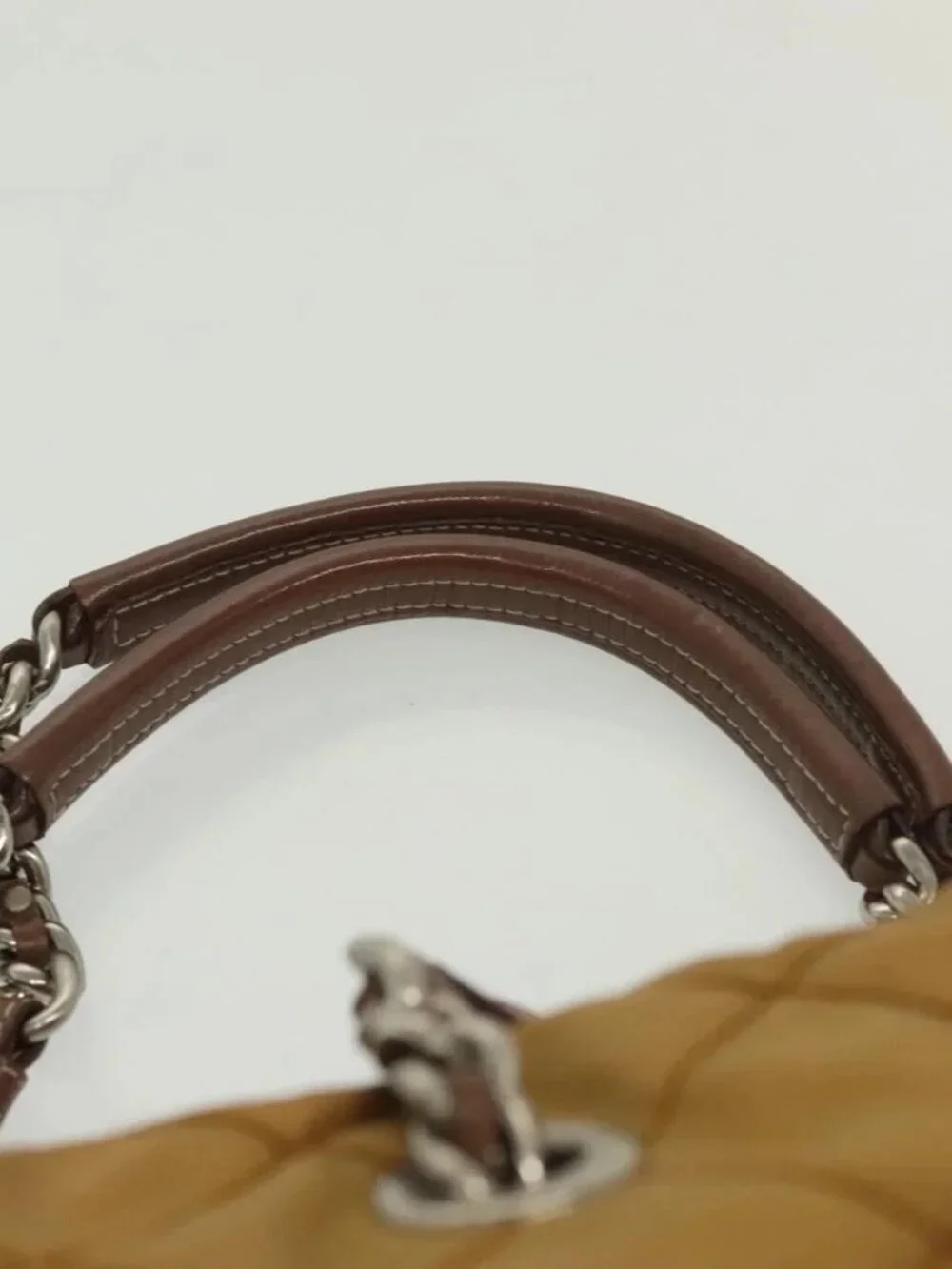 PRADA Chain Shoulder Bag Nylon Beige Silver Auth 140091